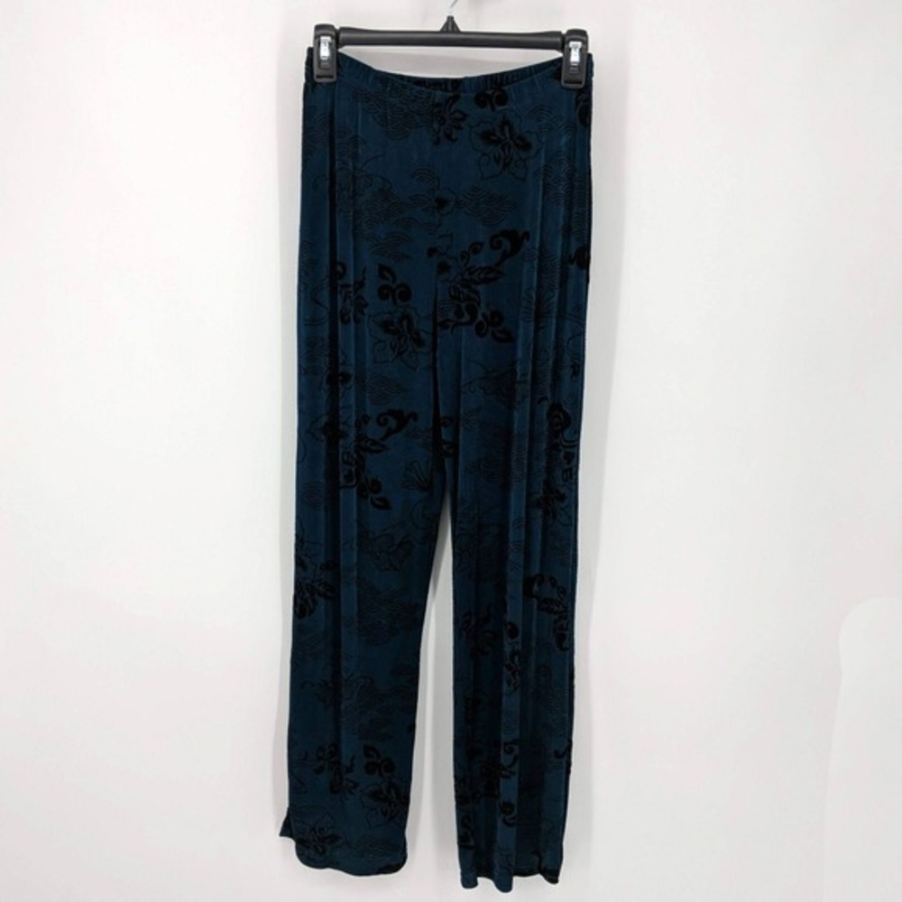 Citiknits Floral Print Elastic Waist Wide Leg Pants Blue Black Women's Size XS - Picture 2 of 5
